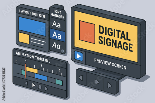Digital signage interface with layout builder and animation timeline on preview screen