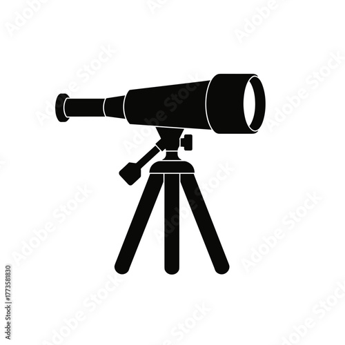 Black silhouette telescope against white background for observing faraway objects. Telescope is an optical instrument, with cylindrical tube, lens and tripod.