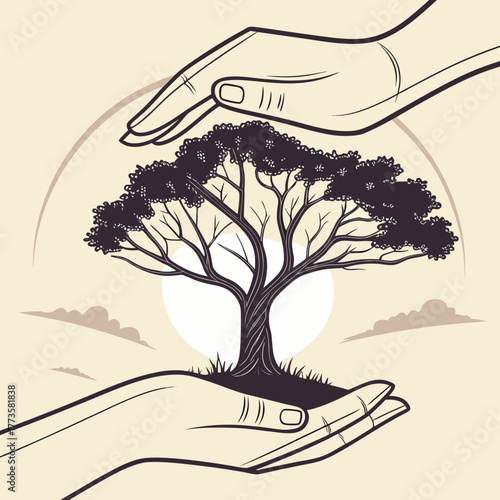 Hands gently protecting a growing tree symbolizing care for nature and environmental conservation
