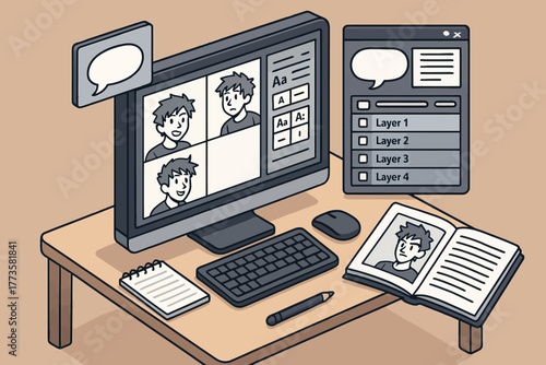 Digital art creation setup on desk with monitor, graphic tablet, and open book