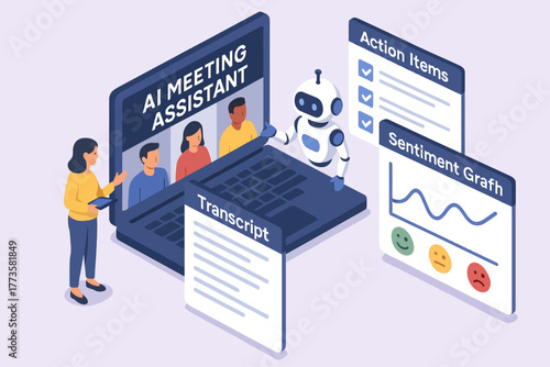Ai meeting assistant with robot, diverse team, transcript, action items, and sentiment graph