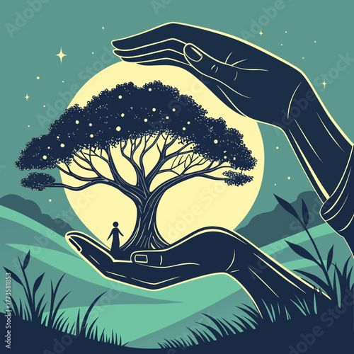 Giant hands cradle a nurturing tree with a small figure standing beneath its branches under a starry night sky