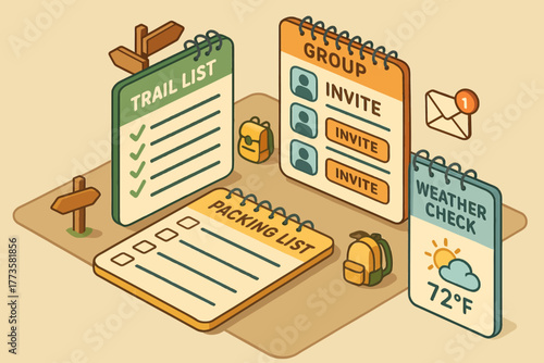 Illustrated planning board for hiking adventure with trail and packing lists