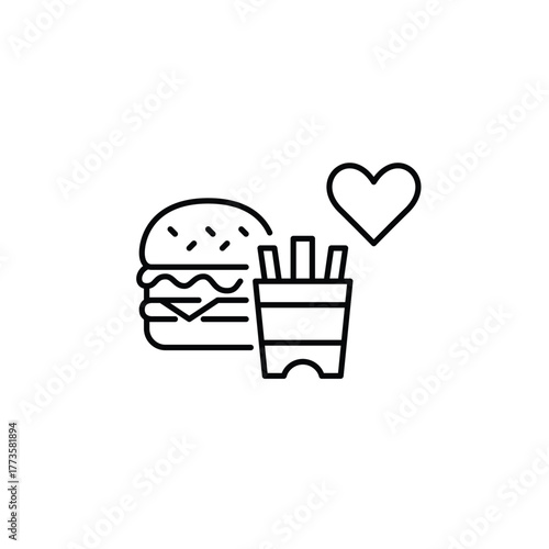 Cheeseburger, fries and heart. Great taste, comfort food and unhealthy dinner. Customer favorite. Pixel perfect, editable stroke vector icon