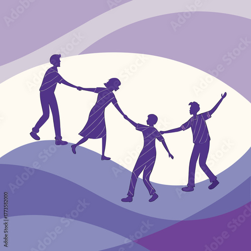 Diverse family members holding hands and supporting each other on a wavy purple landscape