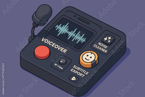 Voiceover device with microphone and controls for noise cleaning and subtitle export