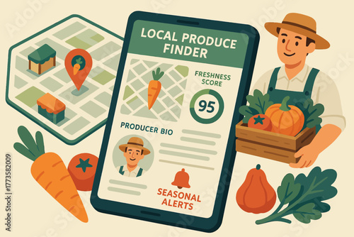 Male farmer presenting local produce finder app with freshness score and seasonal alerts