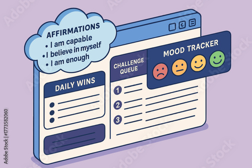 Daily wins and mood tracker interface with positive affirmations
