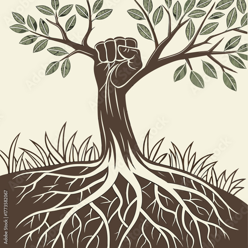 Tree trunk transforms into a clenched fist with strong roots and leafy branches symbolizing power and growth
