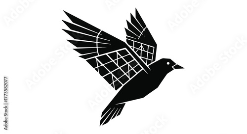 Stylized black bird with geometric wings in flight against a white background