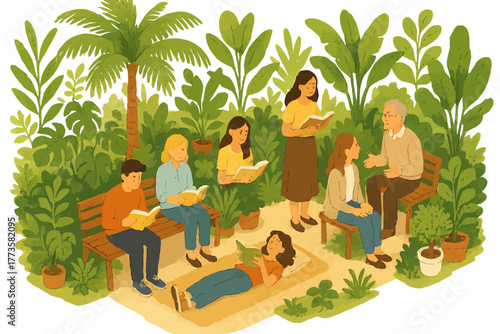 Diverse group reading and interacting in lush garden setting