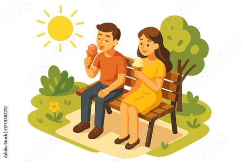 Young caucasian couple enjoying ice cream on a sunny day in the park