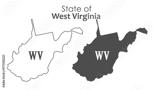 West Virginia. The outline and silhouette of the state with the abbreviated abbreviation of the name. The state border. A template for the design of printed products