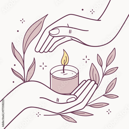 Gentle hands cupping a lit candle surrounded by delicate leaves and subtle sparkling elements