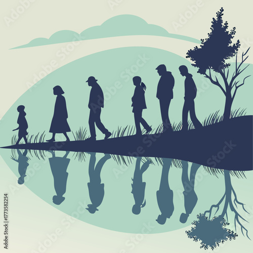 Diverse group of people walking together along a grassy shoreline with reflections in the water