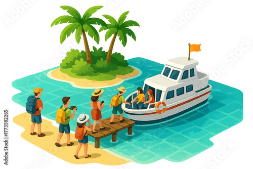 Tourists boarding boat for tropical island adventure