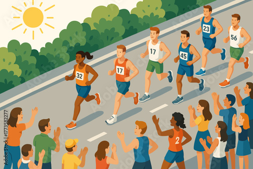 Diverse group of athletes in marathon passing enthusiastic crowd