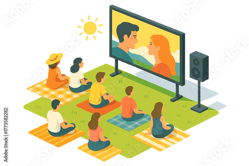 Outdoor movie night with diverse group watching romantic film on screen