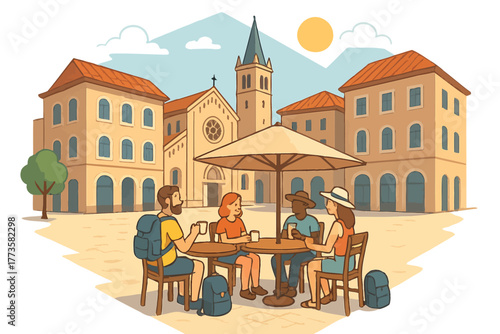 Four travelers enjoy coffee in european square with church and historic buildings under sun