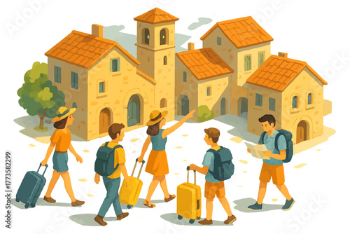 Group of young caucasian tourists exploring historic european village with luggage
