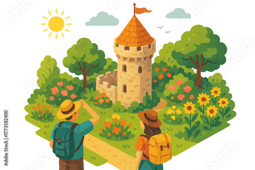 Female and male tourists exploring a fairy tale castle in vibrant garden landscape