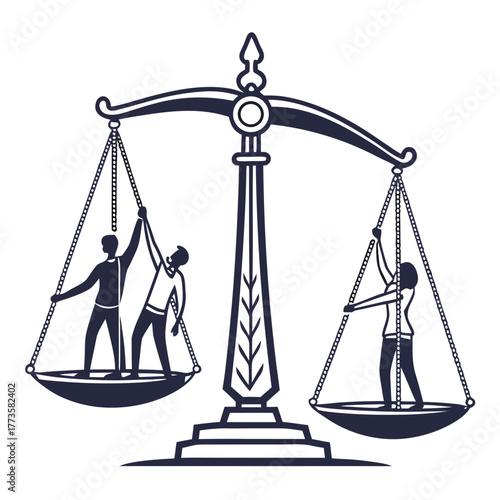 Symbolic illustration of two men on one side of a scale and one woman on the other representing imbalance