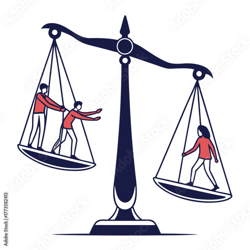 Two men on one side of a scale push each other while one woman stands on the other side