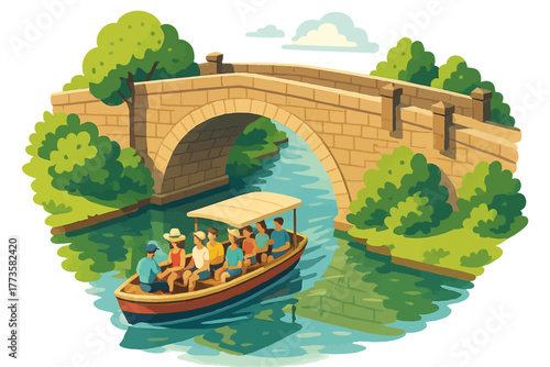 Group enjoying boat ride under stone bridge on scenic river