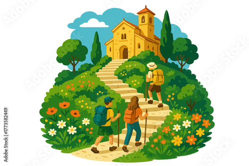 Hikers climbing steps to countryside church on a sunny day