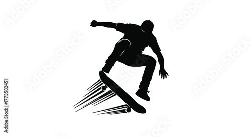 Dynamic silhouette of a skateboarder performing a trick against a clean white background