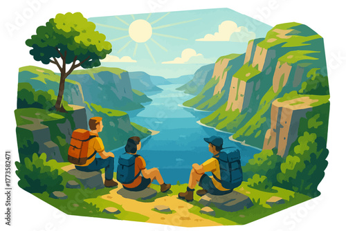 Caucasian young adults hiking with backpacks in scenic mountain landscape