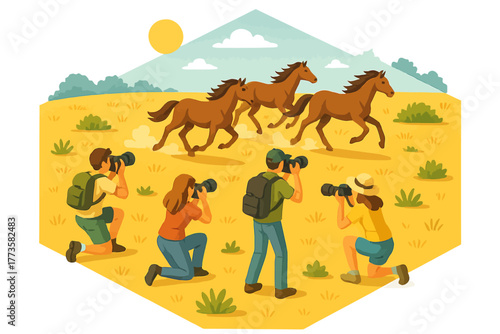 Group of photographers capturing running horses in sunny field