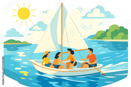 Family enjoying a sunny day sailing on a lake