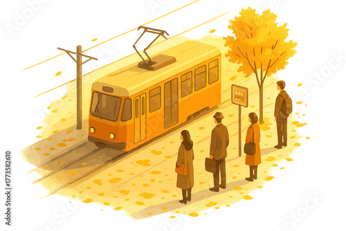 Yellow tram scene with people waiting in autumn setting