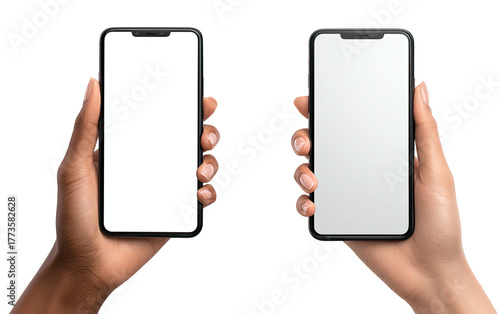 Two hands holding blank screen smartphones, isolated on black