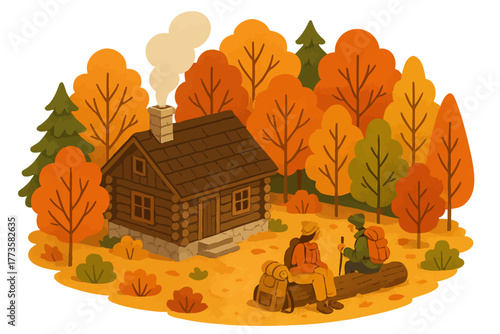 Autumn cabin retreat: two campers in vibrant forest setting