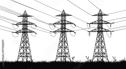 High voltage power transmission towers in field, electrical energy grid infrastructure silhouette, industrial utility poles with wires, vector illustration