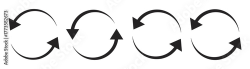 Four Circular Arrow Icons with Black Arrows on a White Background Keywords: arrows, circular arrows, refresh, repeat, reload, cycle, rotation, loop