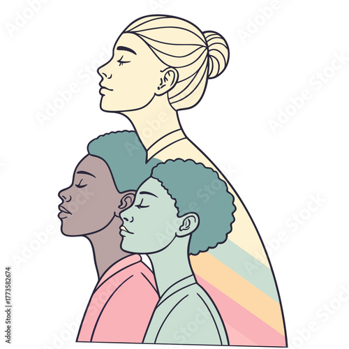 Diverse group of women with eyes closed in profile representing unity and inner peace