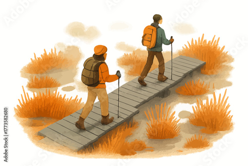 Caucasian young adults hiking on wooden path amid orange autumn foliage