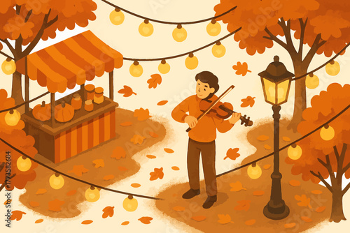 Autumn festival violinist in orange leaves under festive lights