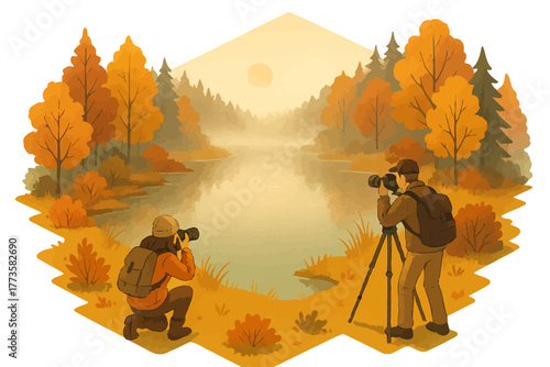 Two photographers capturing autumn landscape by a misty lake