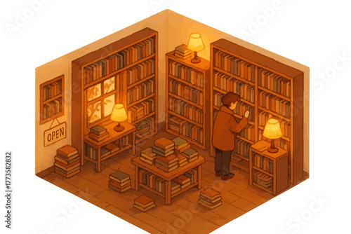 Cozy vintage bookstore with warm lighting and shelves of books
