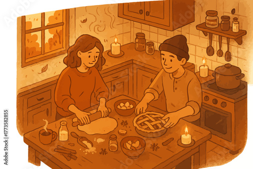 Young caucasian couple baking pie together in cozy autumn kitchen
