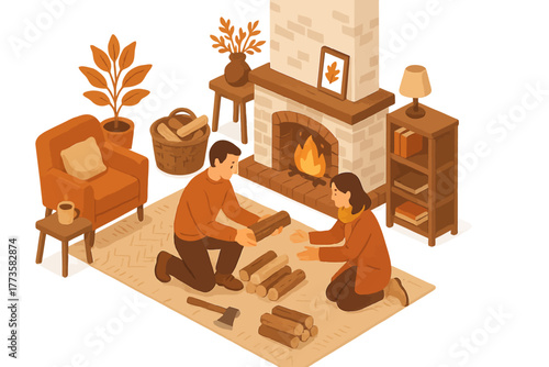 Cozy living room with fireplace and couple preparing firewood in autumn setting