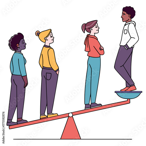 Diverse group of people on a seesaw symbolizing inequality and unfairness in society