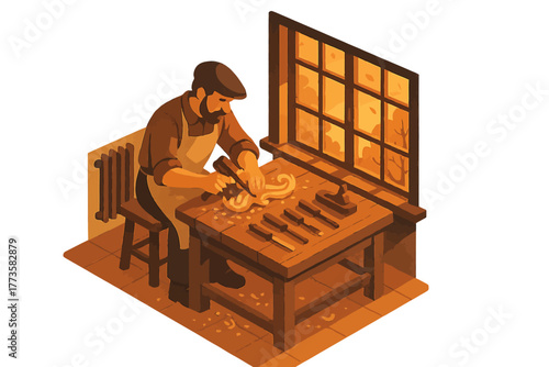 Illustration of a young male woodworker carving wood in a cozy workshop with large window