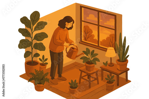 Young female tending indoor plants in cozy room with sunset view