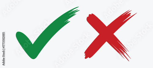 Green Check Mark and Red Cross Symbols Brush Strokes on White Background Keywords: check mark, cross, x, correct, incorrect, yes, no, right, wrong