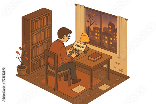 Cozy autumn evening: young caucasian male writing at desk by window